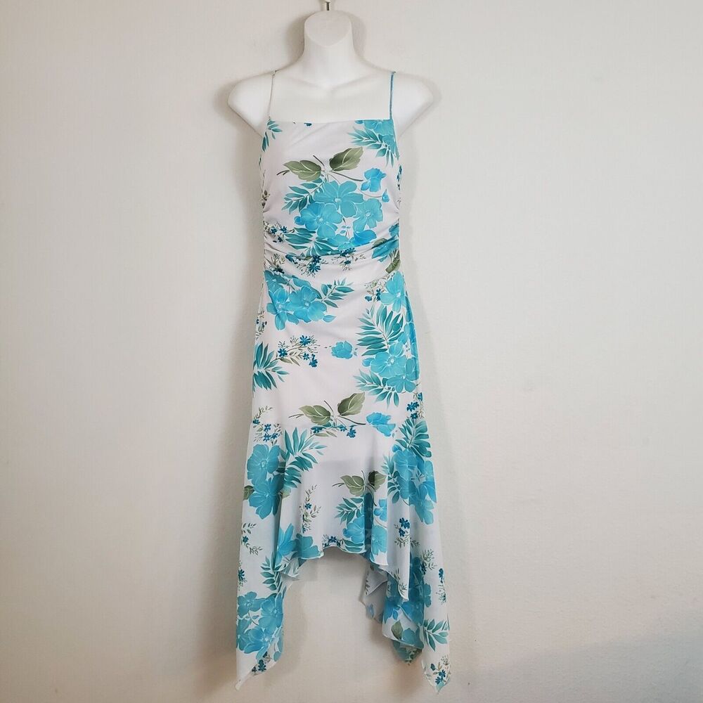 Women's Vintage Dress Small White Blue Floral Y2K 90s Whimsy Fairy Asymmetrical